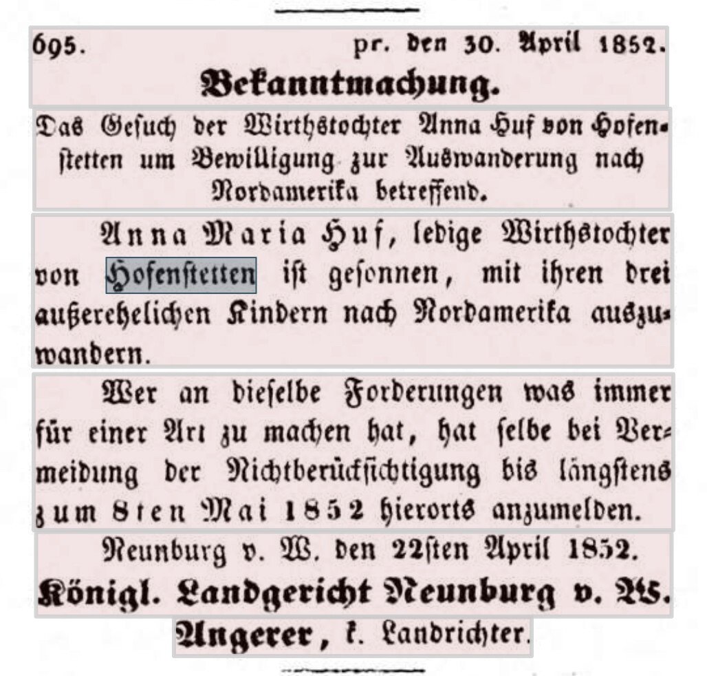 Anna Maria Huff Intent to Emigrate Notice in the _Königlich Bayerisches Intelligenzblatt für die Oberpfalz und von Regensburg_